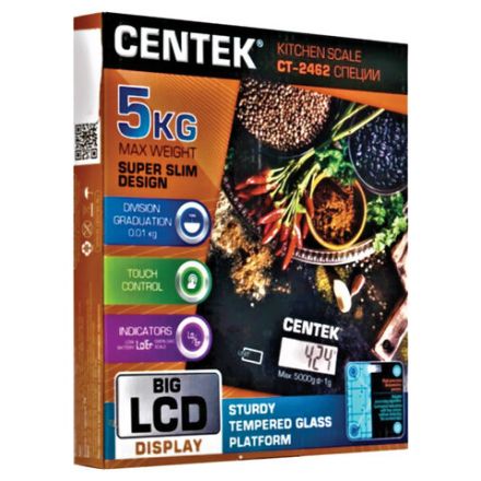 Весы кухонные CENTEK CT-2462 "Специи", электронный дисплей, max вес 5 кг, тарокомпенсация, стекло, CT-2462 Специи