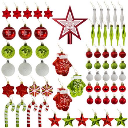 Шары новогодние ёлочные "Red&Lime", НАБОР 67 предметов, красный/зелёный, пластик, ЗОЛОТАЯ СКАЗКА, 592184