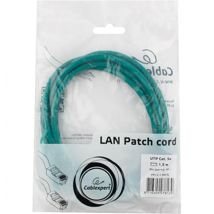 Патч-корд UTP Cablexpert PP12-1.5M/G кат.5e, 1.5м, зелёный