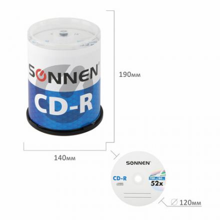 Диск CD-R SONNEN, 700 Mb, 52x, Cake Box (упаковка на шпиле) КОМПЛЕКТ 100 шт., 513533