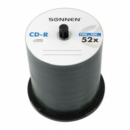 Диск CD-R SONNEN, 700 Mb, 52x, Cake Box (упаковка на шпиле) КОМПЛЕКТ 100 шт., 513533