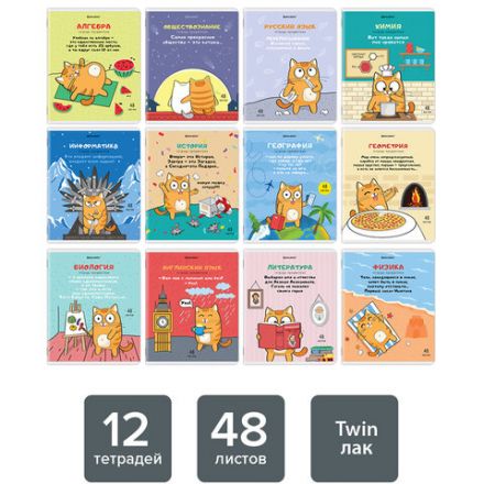Тетради предметные, КОМПЛЕКТ 12 ПРЕДМЕТОВ, 48 л., TWIN-лак, BRAUBERG, "КОТ-ЭНТУЗИАСТ", 404609