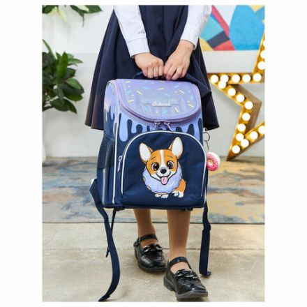 Ранец GRIZZLY анатомическая спинка, с мешком для обуви, для девочек, "CORGI", 33х25х13 см, RAm-384-3/3