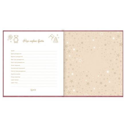 Фотоальбом-анкета детский 23х25 см, 32 листа, стикеры, открытка, конверт, розовый бархат, BRAUBERG, 391419