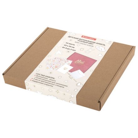 Фотоальбом-анкета детский 23х25 см, 32 листа, стикеры, открытка, конверт, розовый бархат, BRAUBERG, 391419