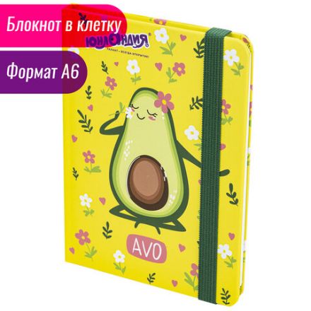 Блокнот с резинкой в клетку 96 л., МАЛЫЙ ФОРМАТ А6 (109х148 мм), твердая обложка, ЮНЛАНДИЯ, "Авокадо", 113745