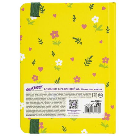 Блокнот с резинкой в клетку 96 л., МАЛЫЙ ФОРМАТ А6 (109х148 мм), твердая обложка, ЮНЛАНДИЯ, "Авокадо", 113745