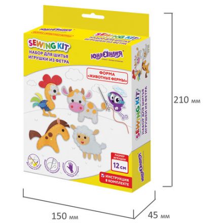Набор для шитья игрушки из фетра "Животные фермы", 4 игрушки, ЮНЛАНДИЯ, 664736 Набор для шитья игрушки из фетра "Животные фермы", 4 игрушки, ЮНЛАНДИЯ, 664736