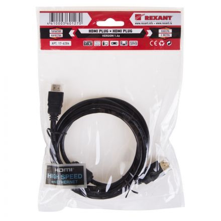 Кабель HDMI - HDMI, М/М, 2 м, v1.4, фер, поз.р, Rexant, чер, 17-6204 Кабель HDMI - HDMI, М/М, 2 м, v1.4, фер, поз.р, Rexant, чер, 17-6204