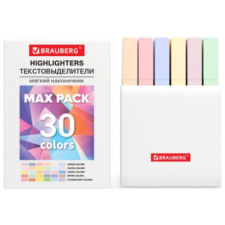 Набор текстовыделителей 30 ЦВЕТОВ BRAUBERG "SUPER MIX", линия 1-5 мм, мягкий скошенный наконечник, 152539