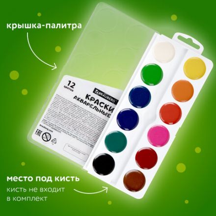 Краски акварельные BRAUBERG 12 цветов "Кот-Энтузиаст", медовые, круглые кюветы, 192553