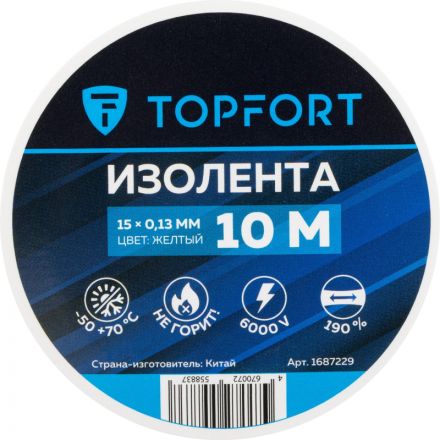 Изолента TOPFORT 15мм х 10м х 0,13мм желтый Изолента TOPFORT 15мм х 10м х 0,13мм желтый