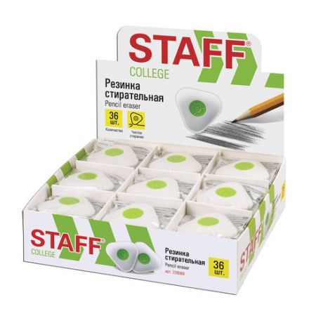 Ластик STAFF "College" PE-068, 35х35х10 мм, треугольный, салатовый пластиковый держатель, 228068 Ластик STAFF "College" PE-068, 35х35х10 мм, треугольный, салатовый пластиковый держатель, 228068