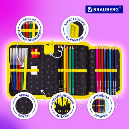 Пенал BRAUBERG с наполнением, 1 отделение, 1 откидная планка, 24 предмета, 21х14 см, "Dark cat", 272351