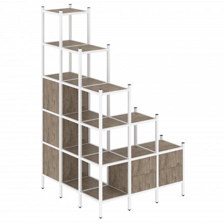 Loft Угловой внешний стеллаж наборный VR.L-59 Тиквуд тёмный/Белый металл 1278*1278*2280