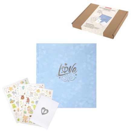 Фотоальбом-анкета детский 23х25 см, 32 листа, стикеры, открытка, конверт, голубой бархат, BRAUBERG, 391420