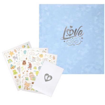 Фотоальбом-анкета детский 23х25 см, 32 листа, стикеры, открытка, конверт, голубой бархат, BRAUBERG, 391420