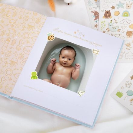 Фотоальбом-анкета детский 23х25 см, 32 листа, стикеры, открытка, конверт, голубой бархат, BRAUBERG, 391420
