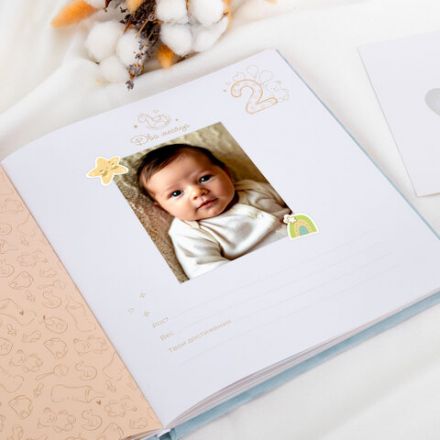 Фотоальбом-анкета детский 23х25 см, 32 листа, стикеры, открытка, конверт, голубой бархат, BRAUBERG, 391420