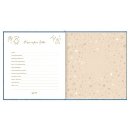 Фотоальбом-анкета детский 23х25 см, 32 листа, стикеры, открытка, конверт, голубой бархат, BRAUBERG, 391420