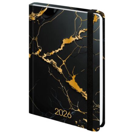 Ежедневник датированный 2026 с резинкой 145х203 мм, А5, BRAUBERG, твердый, фольга, "Черный мрамор", 117338