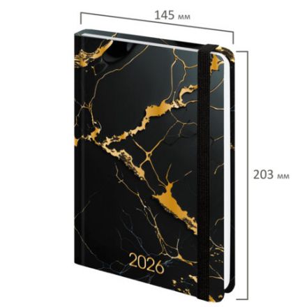 Ежедневник датированный 2026 с резинкой 145х203 мм, А5, BRAUBERG, твердый, фольга, "Черный мрамор", 117338