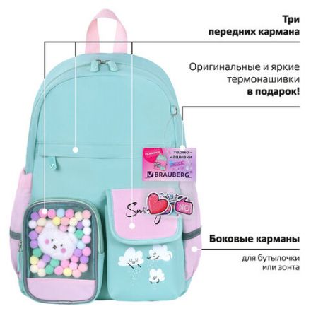 Рюкзак BRAUBERG PASTEL с термонашивками в комплекте, "Funny clouds", мятный, 40х29х14 см, 271421