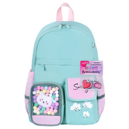 Рюкзак BRAUBERG PASTEL с термонашивками в комплекте, "Funny clouds", мятный, 40х29х14 см, 271421