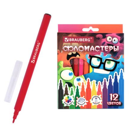 Фломастеры кросс-серия МОНСТРИКИ, 12 цветов, вентилируемый колпачок, картонная коробка с европодвесом, BRAUBERG, 152622