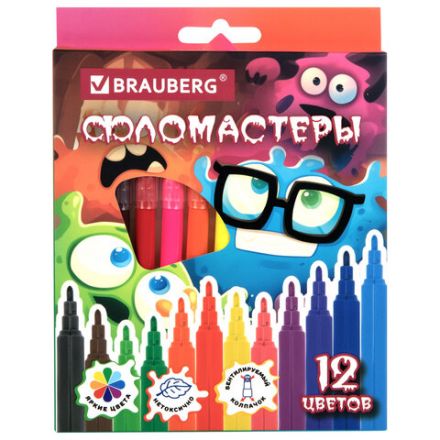 Фломастеры кросс-серия МОНСТРИКИ, 12 цветов, вентилируемый колпачок, картонная коробка с европодвесом, BRAUBERG, 152622