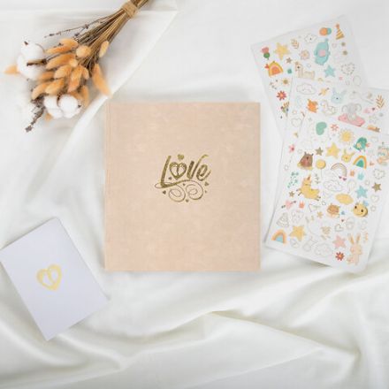 Фотоальбом-анкета детский 23х25 см, 32 листа, стикеры, открытка, конверт, бежевый бархат, BRAUBERG, 391421