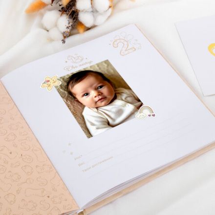 Фотоальбом-анкета детский 23х25 см, 32 листа, стикеры, открытка, конверт, бежевый бархат, BRAUBERG, 391421