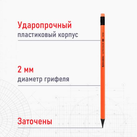 Набор карандашей чернографитных BRAUBERG "ULTRA COLOR" 4 шт., HB, с ластиком, пластиковые, 181709