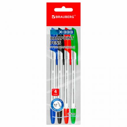 Ручки шариковые BRAUBERG "X-333", НАБОР 4 цвета, узел 0,7 мм, линия 0,35 мм, 144252