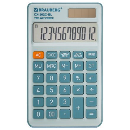 Калькулятор карманный BRAUBERG CX-102C-BL (76x126 мм), 12 разрядов, двойное питание, ГОЛУБОЙ, 272649