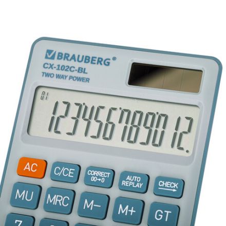 Калькулятор карманный BRAUBERG CX-102C-BL (76x126 мм), 12 разрядов, двойное питание, ГОЛУБОЙ, 272649