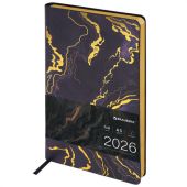 Ежедневник датированный 2026 А5 138x213 мм, BRAUBERG "Vista", под кожу, гибкий, "Black marble", 117445