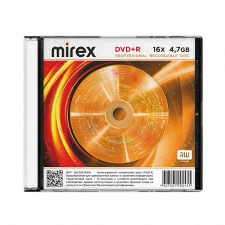 Диск DVD+R (плюс) MIREX, 4,7 ГБ, 16x, Slim Case, 1 штука, UL130013A1S Диск DVD+R (плюс) MIREX, 4,7 ГБ, 16x, Slim Case, 1 штука, UL130013A1S