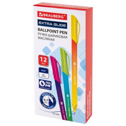 Ручка шариковая масляная BRAUBERG "Extra Glide DZ", СИНЯЯ, трехгранная, корпус ассорти, игольчатый наконечник 0,7 мм, линия 0,5 мм, 144263