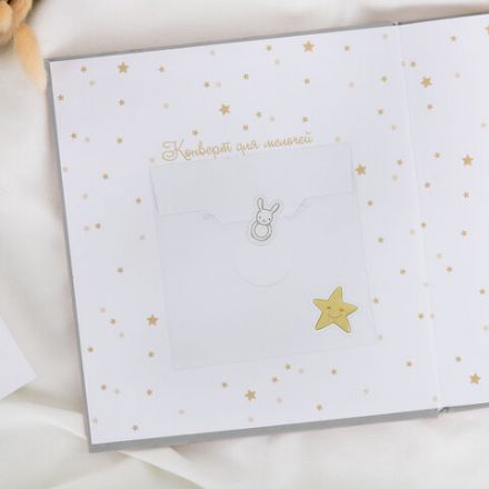 Фотоальбом-анкета детский 23х25 см, 32 листа, стикеры, открытка, конверт, серый бархат, BRAUBERG, 391422