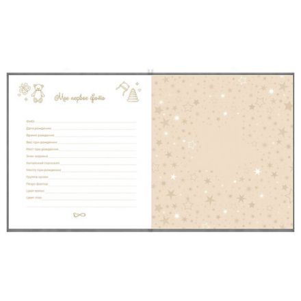 Фотоальбом-анкета детский 23х25 см, 32 листа, стикеры, открытка, конверт, серый бархат, BRAUBERG, 391422