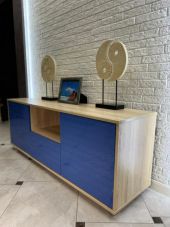 Тумба под ТВ "Шарм", 154*58,5*43, Сонома, МДФ узор Синий глянец Тумба под ТВ "Шарм", 154*58,5*43, Сонома, МДФ узор Синий глянец