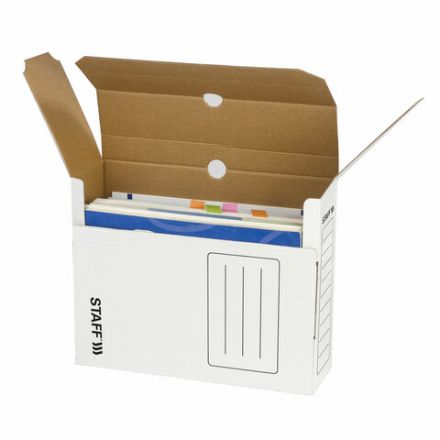 Короб архивный с клапаном А4 (260х325 мм), 100 мм, до 900 листов, микрогофрокартон, БЕЛЫЙ, STAFF, 128863