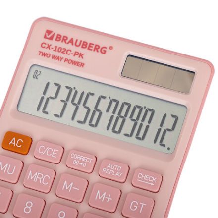 Калькулятор карманный BRAUBERG CX-102C-PK (76x126 мм), 12 разрядов, двойное питание, РОЗОВЫЙ, 272650