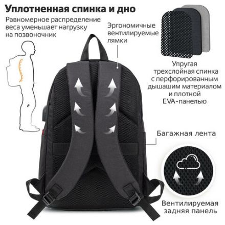 Рюкзак BRAUBERG URBAN универсальный с отделением для ноутбука, USB-порт, "Energy", черный, 44х31х14 см, 270805