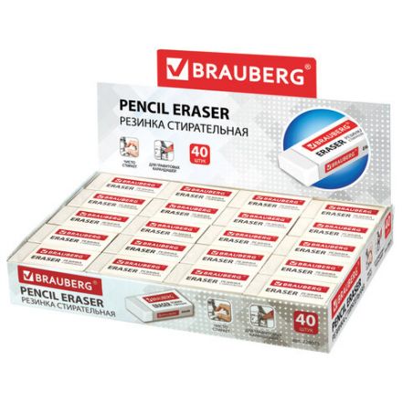Ластик BRAUBERG "Original", 38х20х10 мм, белый, прямоугольный, картонный держатель, 228073