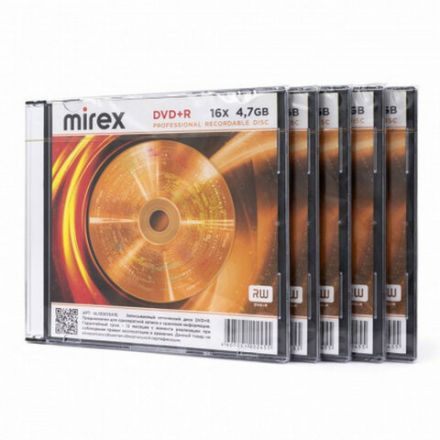Диск DVD+R (плюс) MIREX, 4,7 ГБ, 16x, Slim Case, КОМПЛЕКТ 5 шт., UL130013A1F