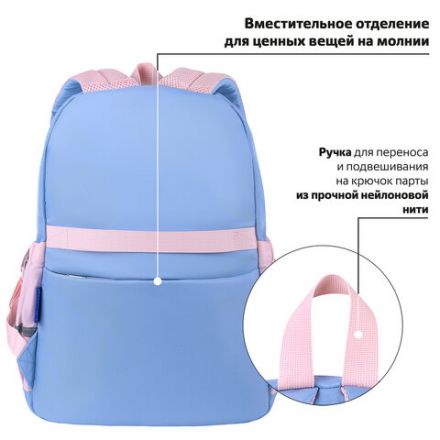 Рюкзак BRAUBERG PASTEL с термонашивками в комплекте, "Friendly bunnies", голубой, 40х29х14 см, 271423