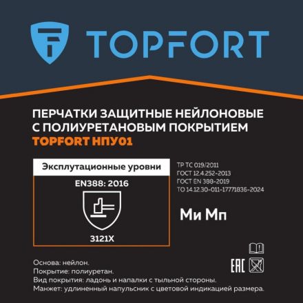 Перчатки защитные TopFort НПУ01 нейлон с ПУ покрытием р.11