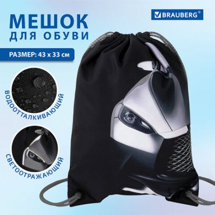 Мешок для обуви BRAUBERG PREMIUM, карман, подкладка, светоотражайка, 43х33 см, "Black car", 271623